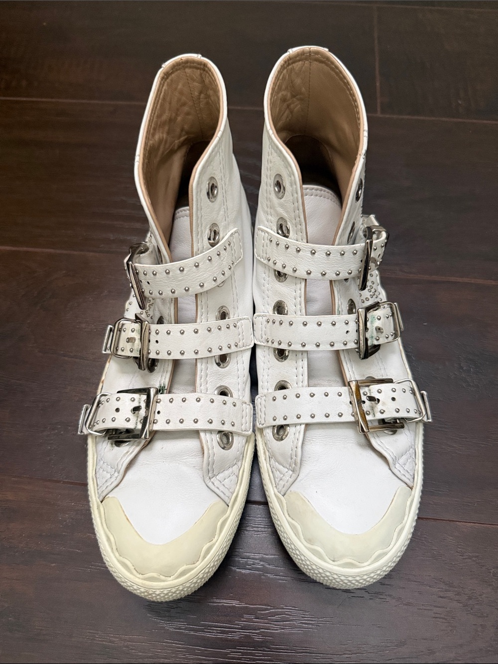 Chloe White High-Top Studded Buckle Sneakers
